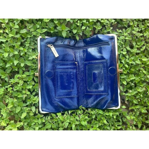 HOBO Lauren Clutch Blue Leather Bifold 2 Sided Framed Kiss Wallet Purse Bag - Picture 2 of 5